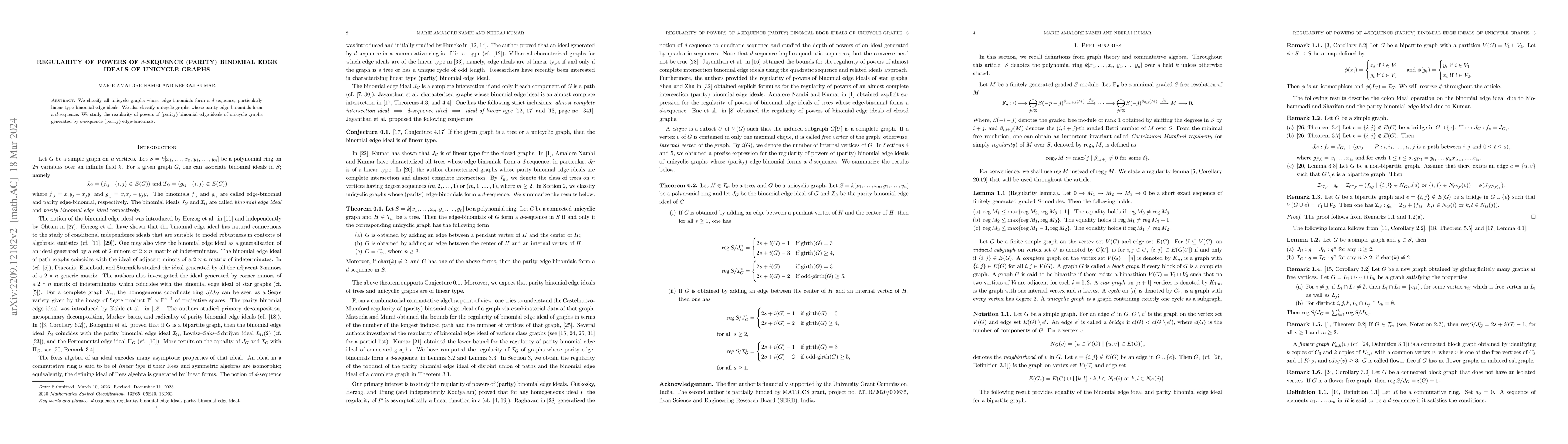 Thumbnail for Regularity of powers of d-sequence (parity) binomial edge ideals of
  unicycle graphs