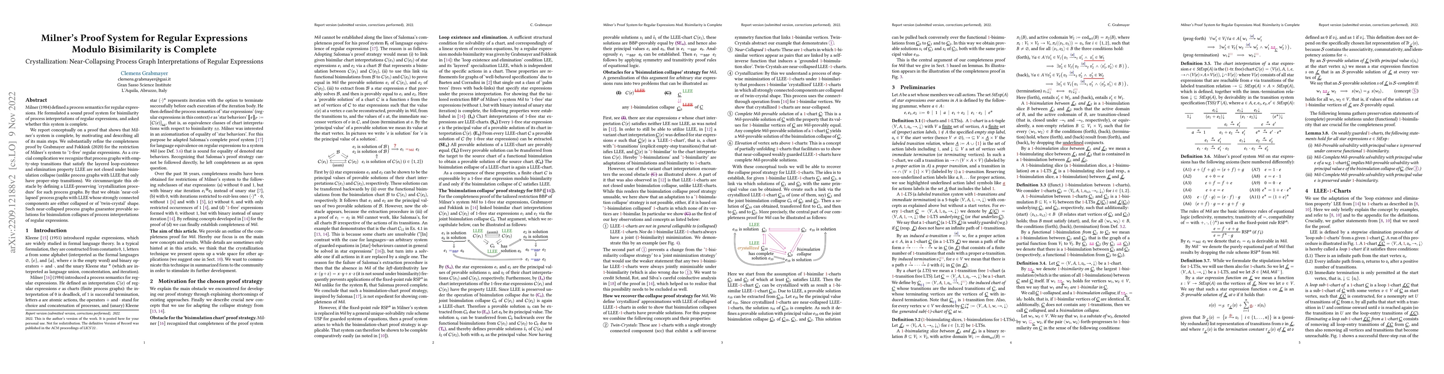 Thumbnail for Milner's Proof System for Regular Expressions Modulo Bisimilarity is
  Complete (Crystallization: Near-Collapsing Process Graph Interpretations of
  Regular Expressions)