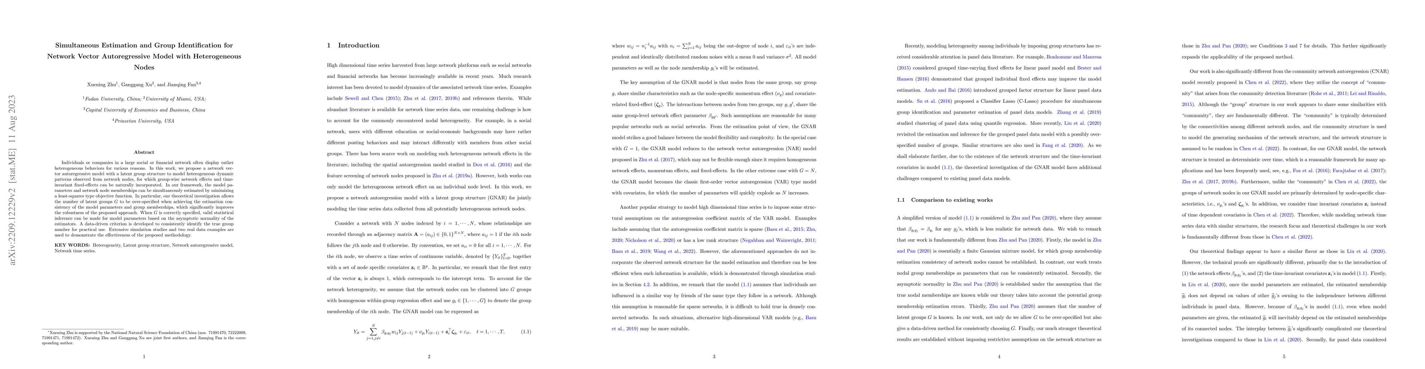 Thumbnail for Simultaneous Estimation and Group Identification for Network Vector
  Autoregressive Model with Heterogeneous Nodes