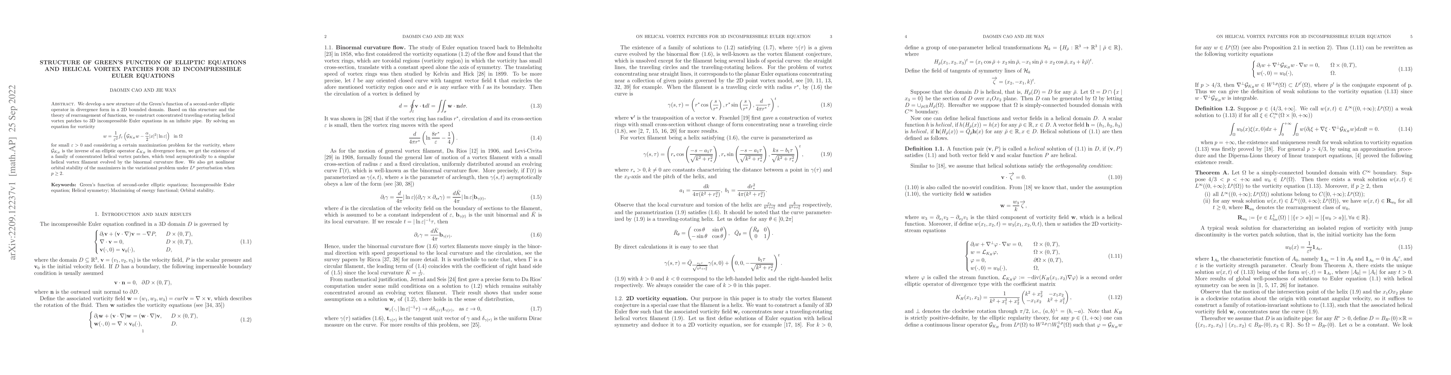 Thumbnail for Structure of Green's function of elliptic equations and helical vortex
  patches for 3D incompressible Euler equations