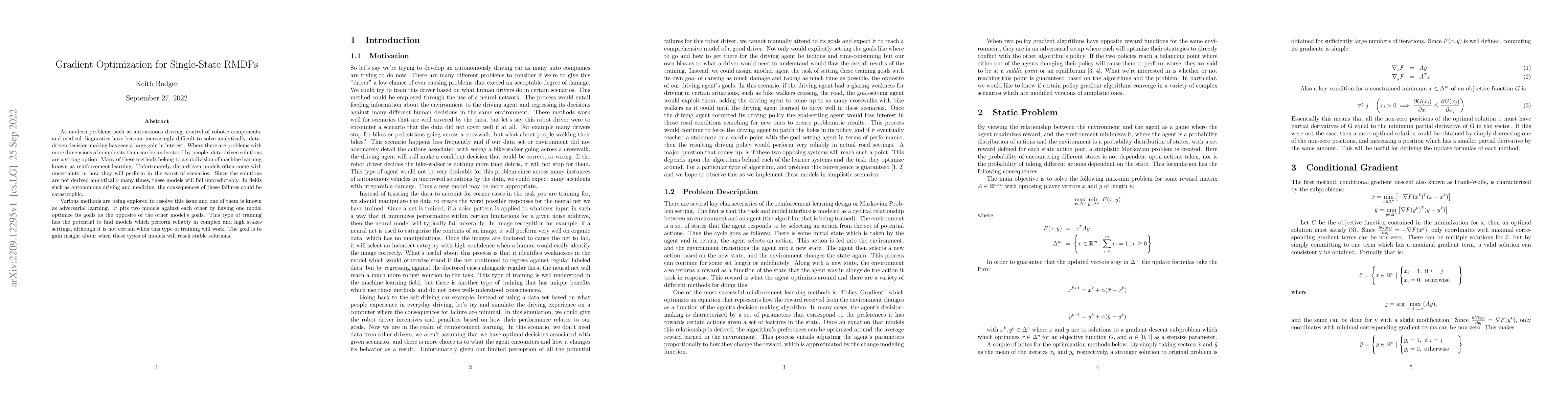 Thumbnail for Gradient Optimization for Single-State RMDPs