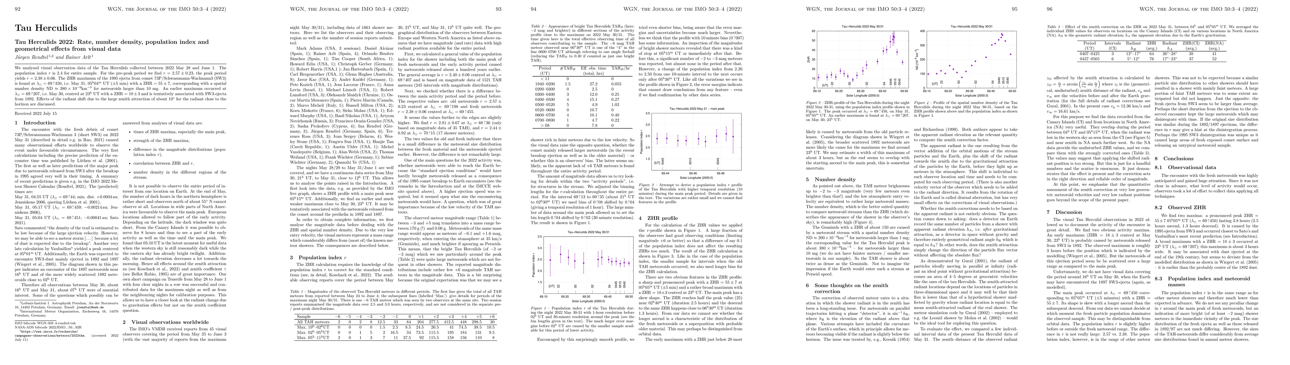 Thumbnail for Tau Herculids 2022: Rate, number density, population index and
  geometrical effects from visual data