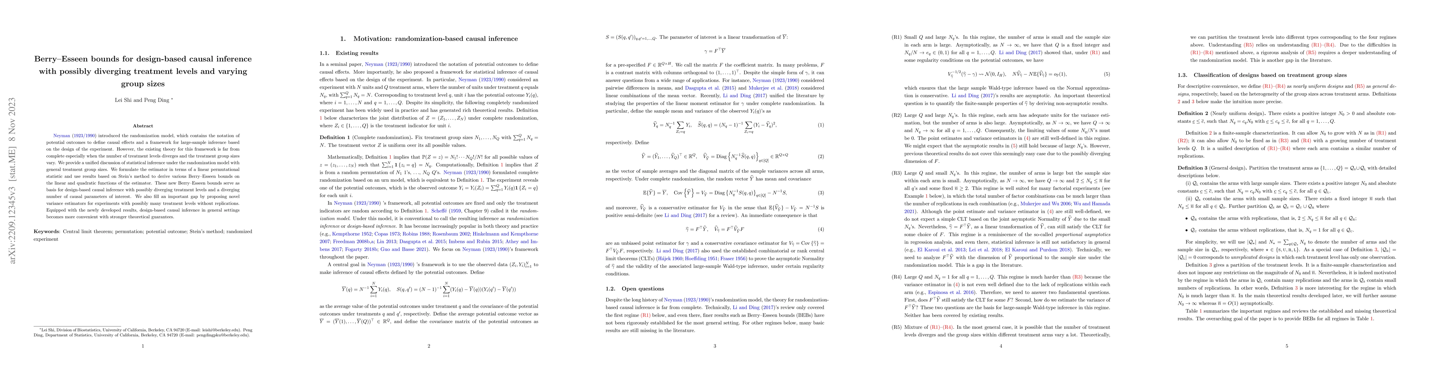 Thumbnail for Berry-Esseen bounds for design-based causal inference with possibly
  diverging treatment levels and varying group sizes