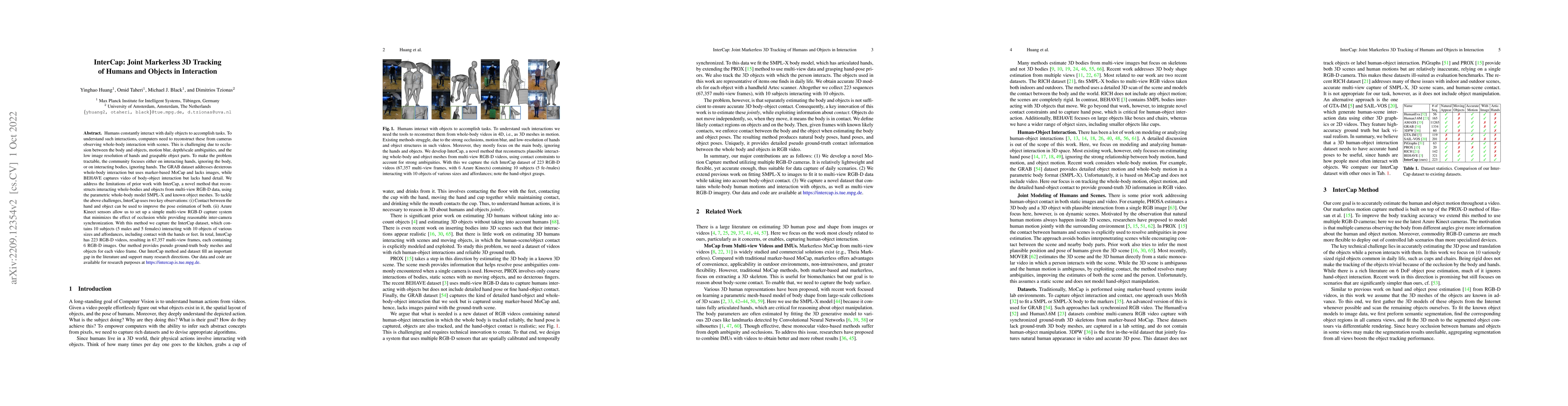 Thumbnail for InterCap: Joint Markerless 3D Tracking of Humans and Objects in
  Interaction