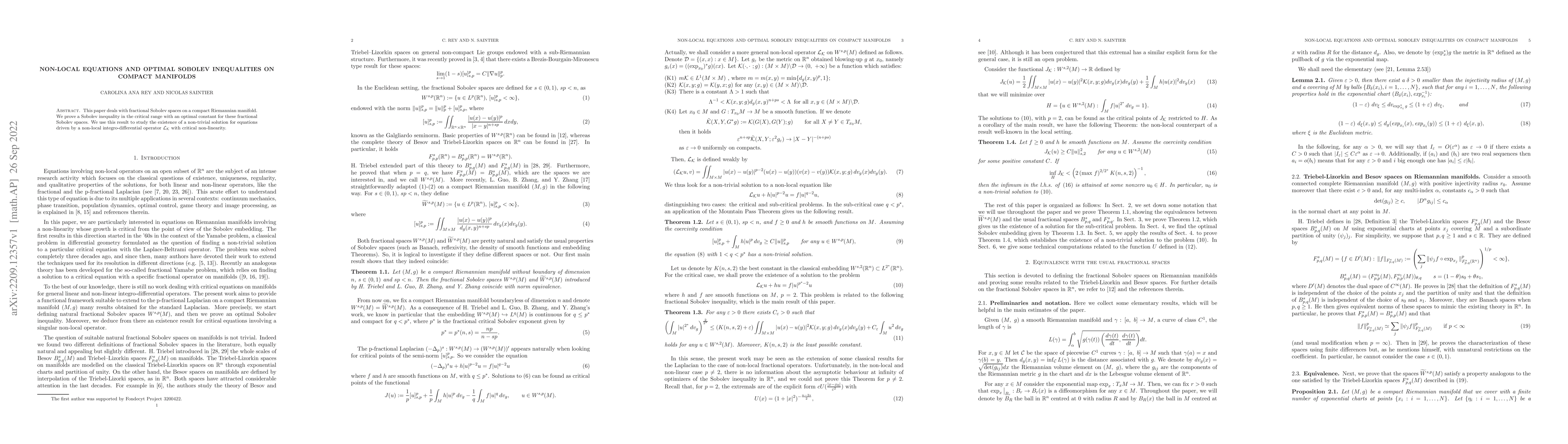Thumbnail for Non-local equations and optimal Sobolev inequalities on compact
  manifolds
