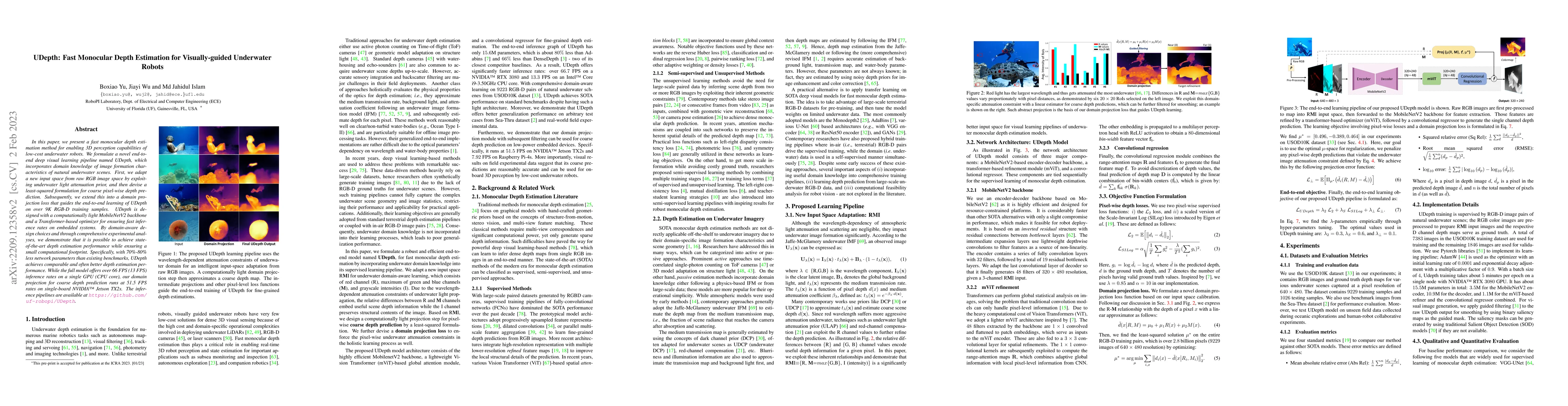 Thumbnail for UDepth: Fast Monocular Depth Estimation for Visually-guided Underwater
  Robots