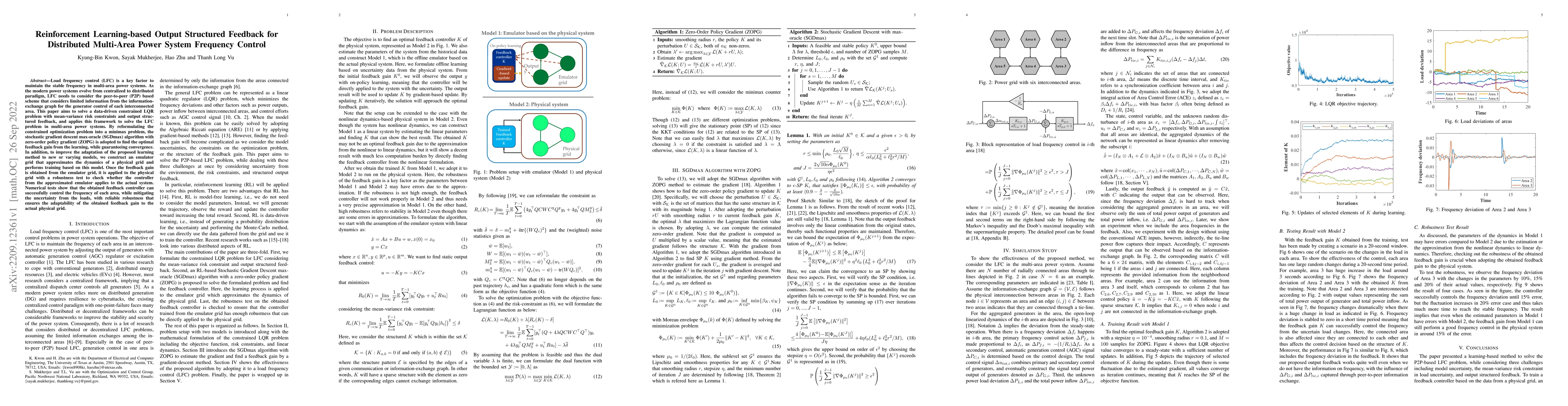 Thumbnail for Reinforcement Learning-based Output Structured Feedback for Distributed
  Multi-Area Power System Frequency Control