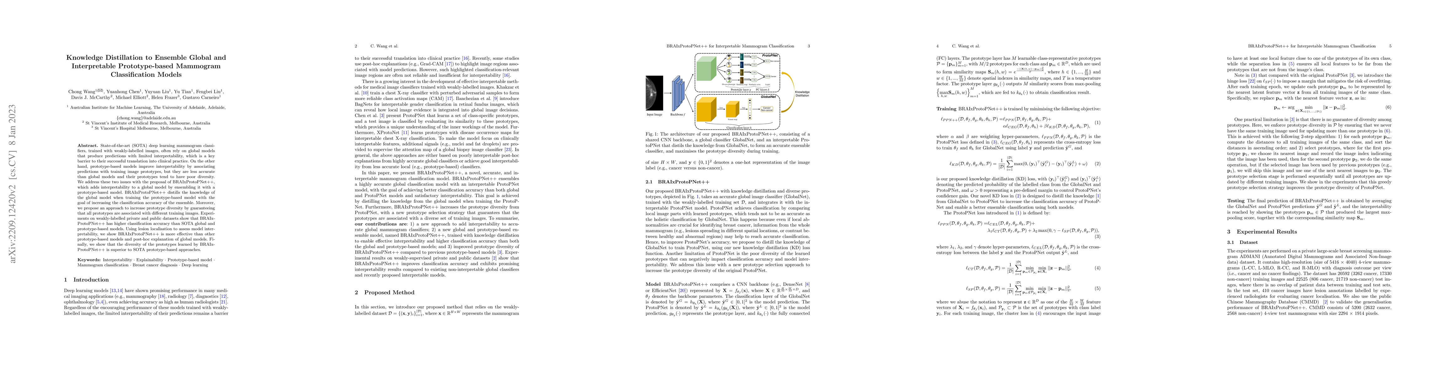 Thumbnail for Knowledge Distillation to Ensemble Global and Interpretable
  Prototype-Based Mammogram Classification Models