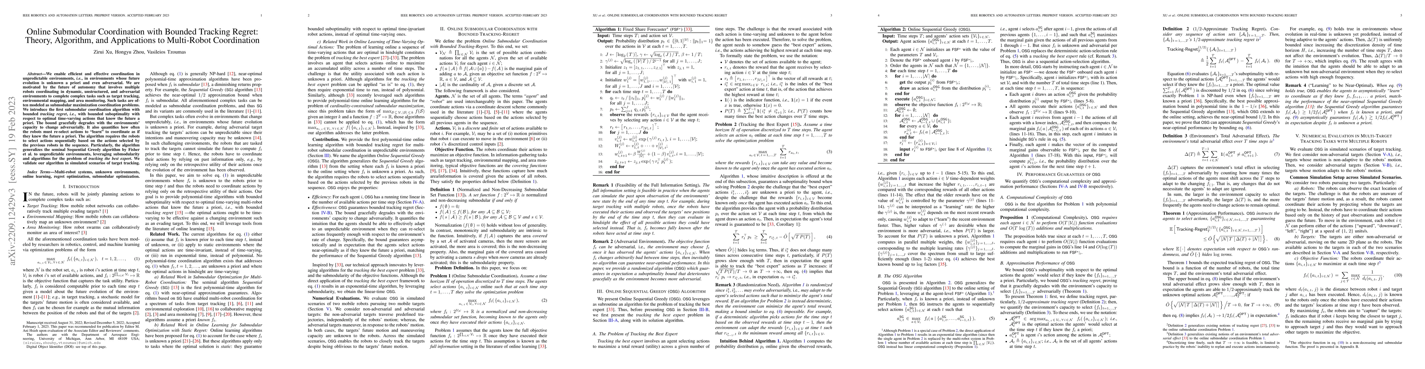 Thumbnail for Online Submodular Coordination with Bounded Tracking Regret: Theory,
  Algorithm, and Applications to Multi-Robot Coordination