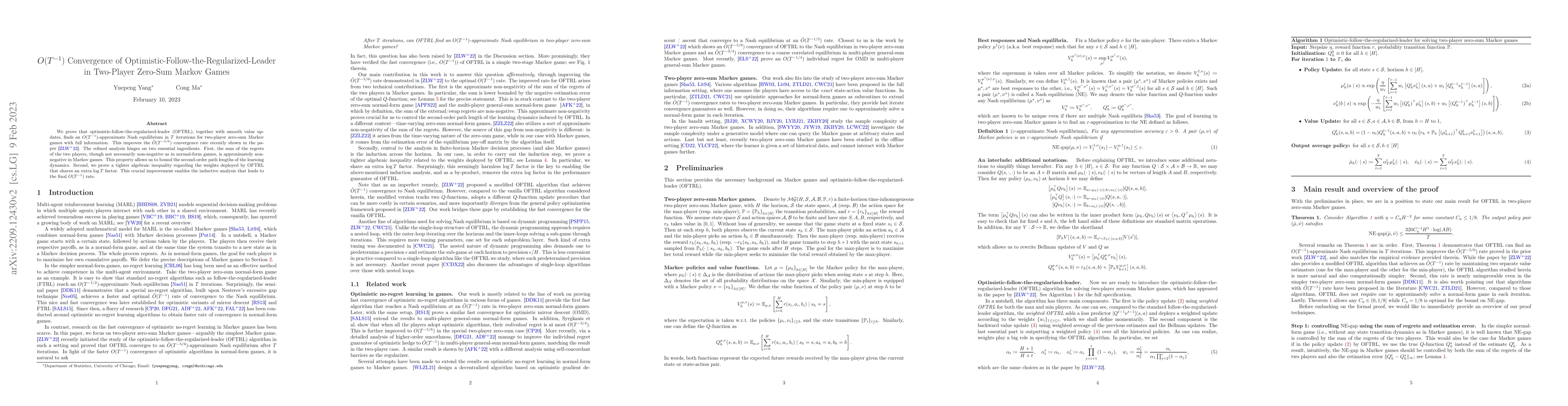 Thumbnail for $O(T^{-1})$ Convergence of Optimistic-Follow-the-Regularized-Leader in
  Two-Player Zero-Sum Markov Games