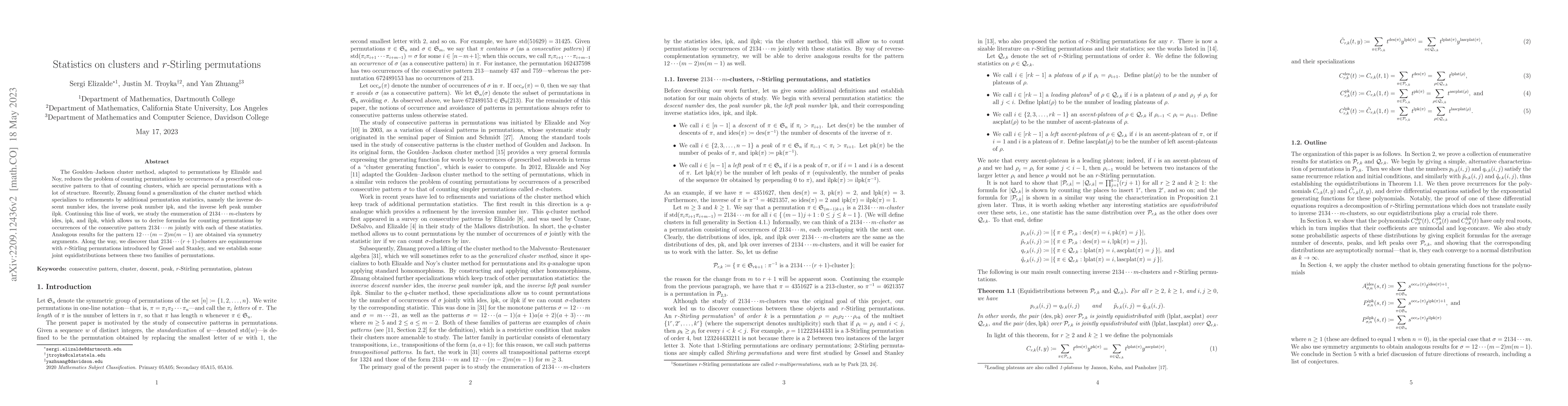 Thumbnail for Statistics on clusters and $r$-Stirling permutations