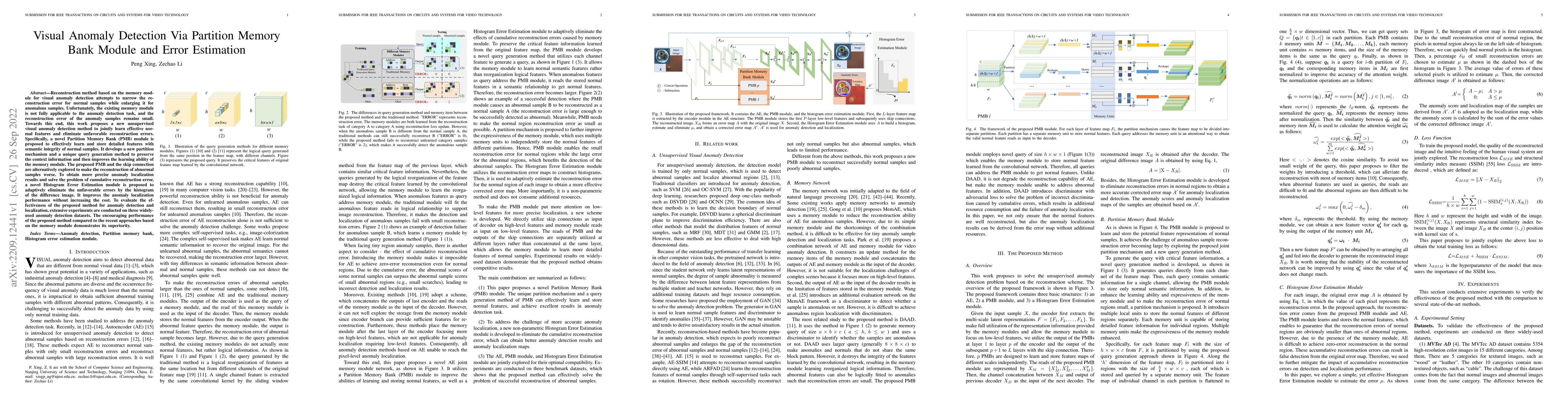 Thumbnail for Visual Anomaly Detection Via Partition Memory Bank Module and Error
  Estimation