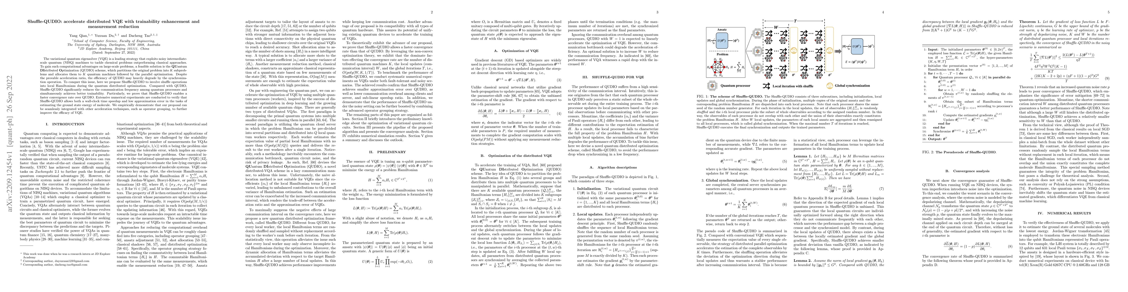 Thumbnail for Shuffle-QUDIO: accelerate distributed VQE with trainability enhancement
  and measurement reduction