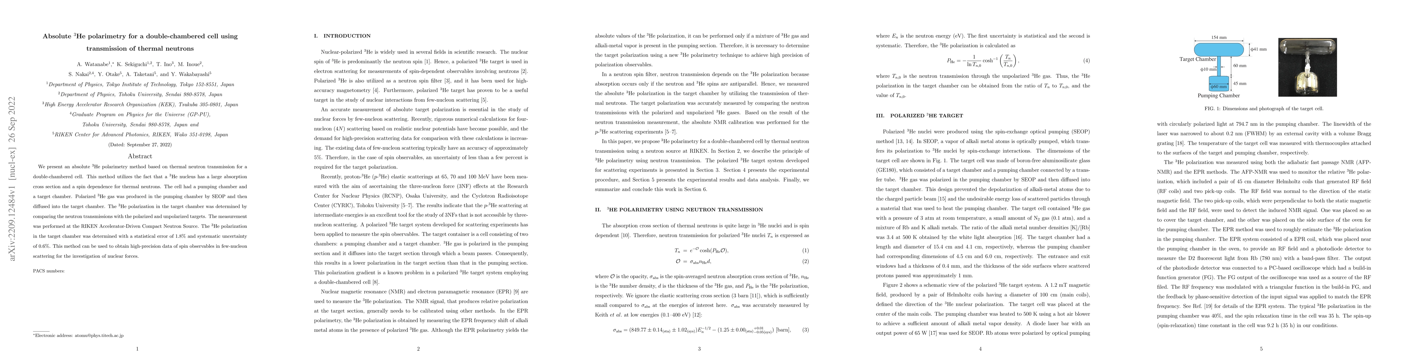 Thumbnail for Absolute $\rm ^3$He polarimetry for a double-chambered cell using
  transmission of thermal neutrons