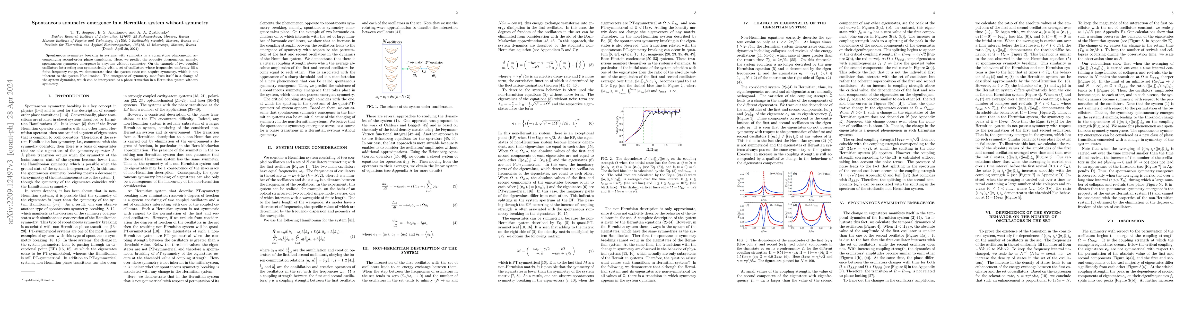 Thumbnail for Spontaneous symmetry emergence in a Hermitian system without symmetry