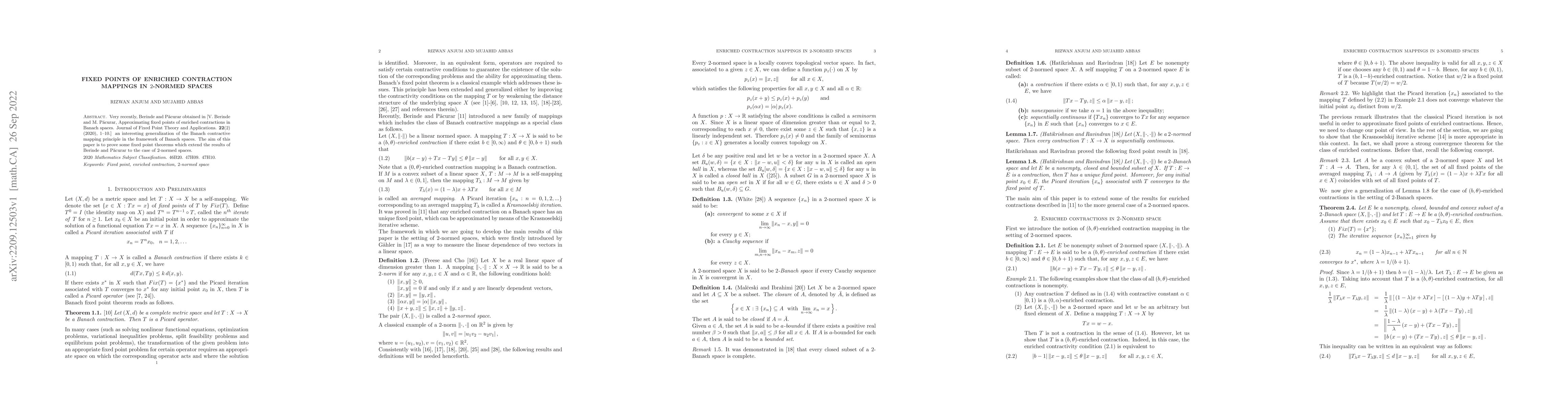 Thumbnail for Fixed points of enriched contraction mappings in 2-normed spaces