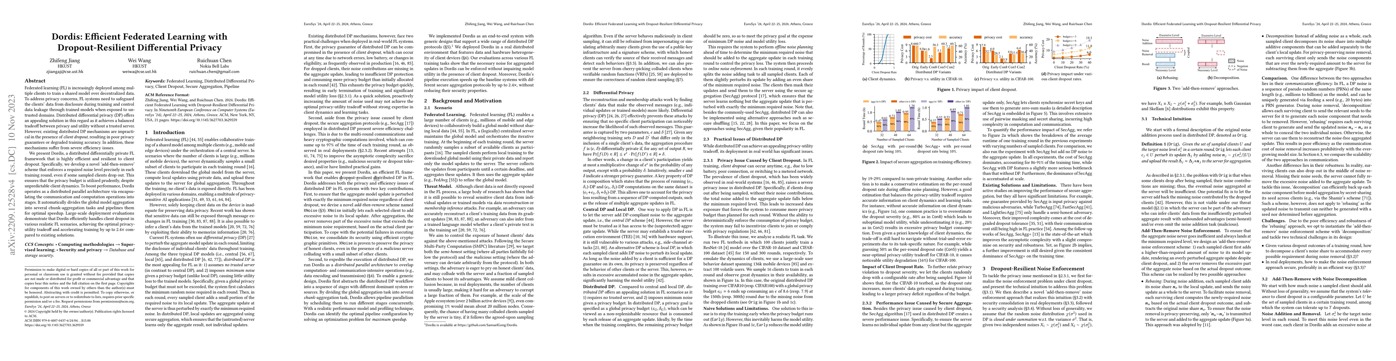Thumbnail for Dordis: Efficient Federated Learning with Dropout-Resilient Differential
  Privacy
