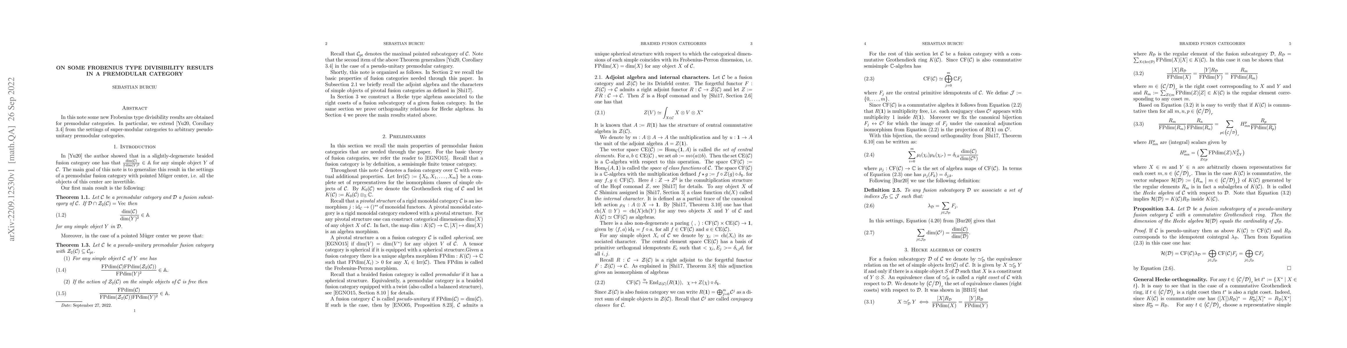 Thumbnail for On some Frobenius type divisibility results in a premodular category