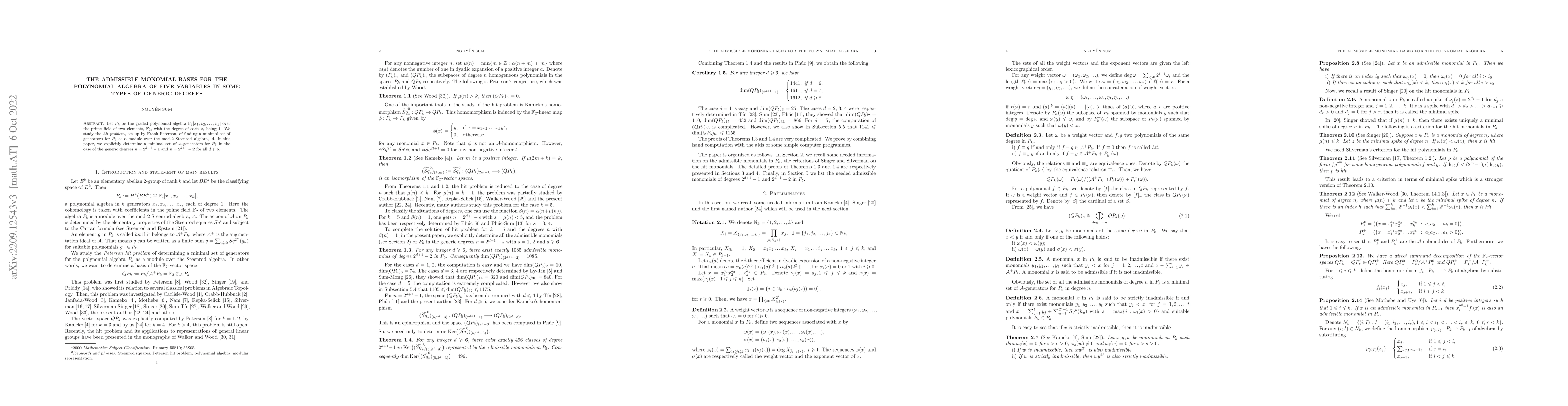Thumbnail for The admissible monomial bases for the polynomial algebra of five
  variables in some types of generic degrees