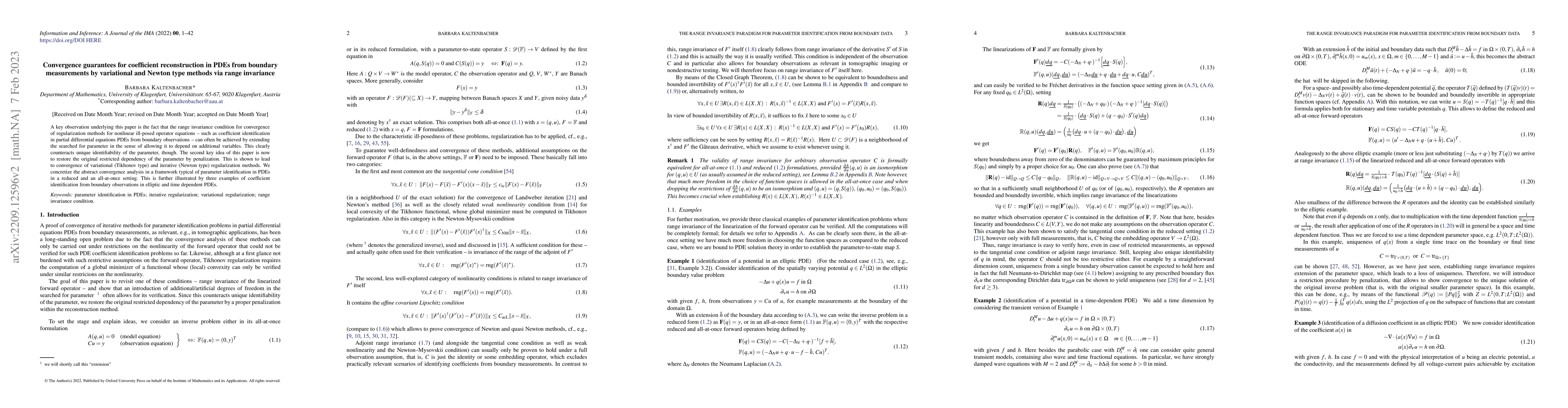 Thumbnail for Convergence guarantees for coefficient reconstruction in PDEs from
  boundary measurements by variational and Newton type methods via range
  invariance