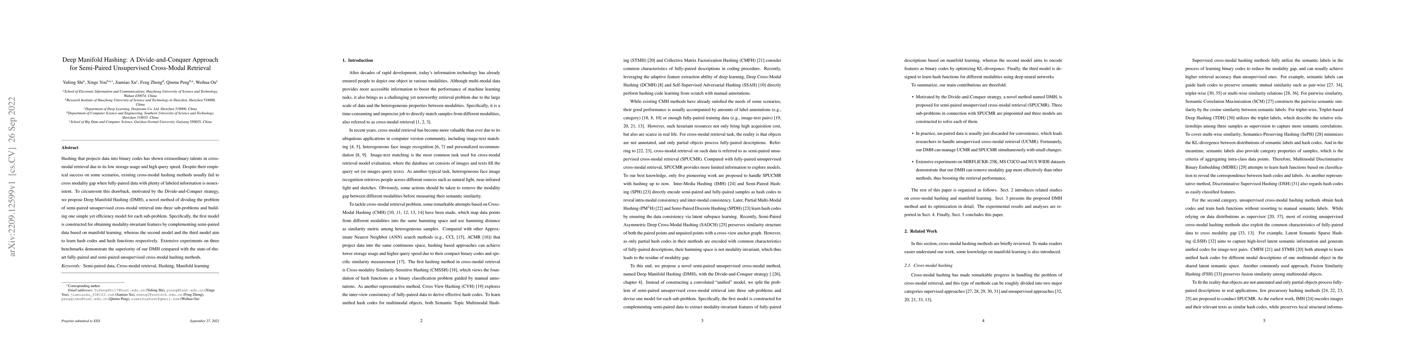Thumbnail for Deep Manifold Hashing: A Divide-and-Conquer Approach for Semi-Paired
  Unsupervised Cross-Modal Retrieval