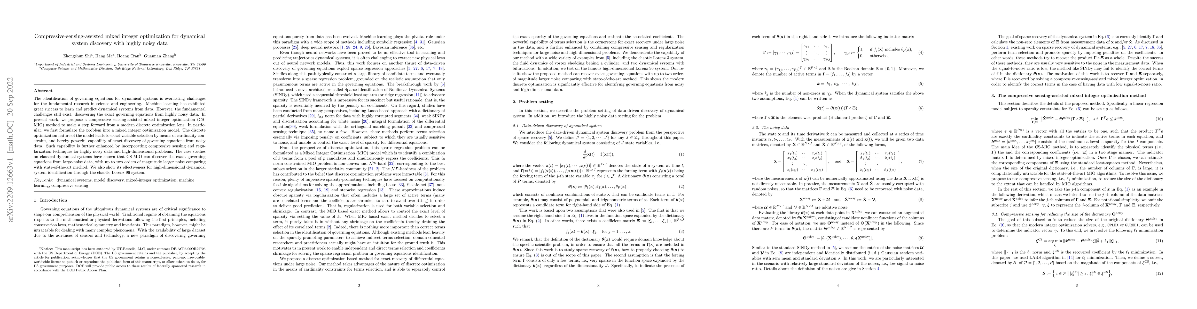 Thumbnail for Compressive-sensing-assisted mixed integer optimization for dynamical
  system discovery with highly noisy data