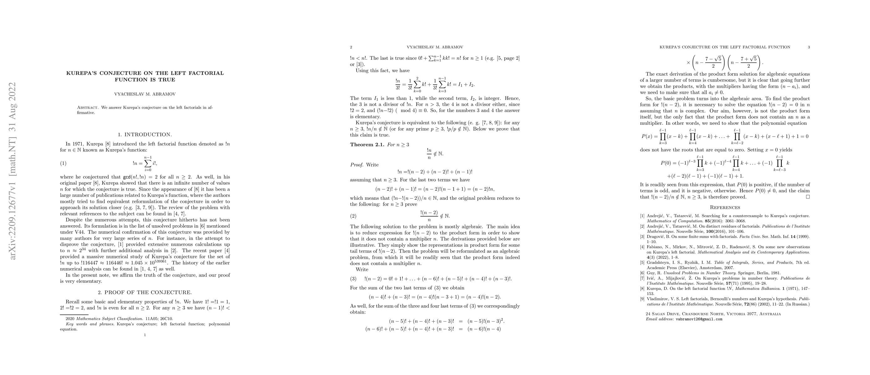Thumbnail for Kurepa's conjecture on the left factorial function is true