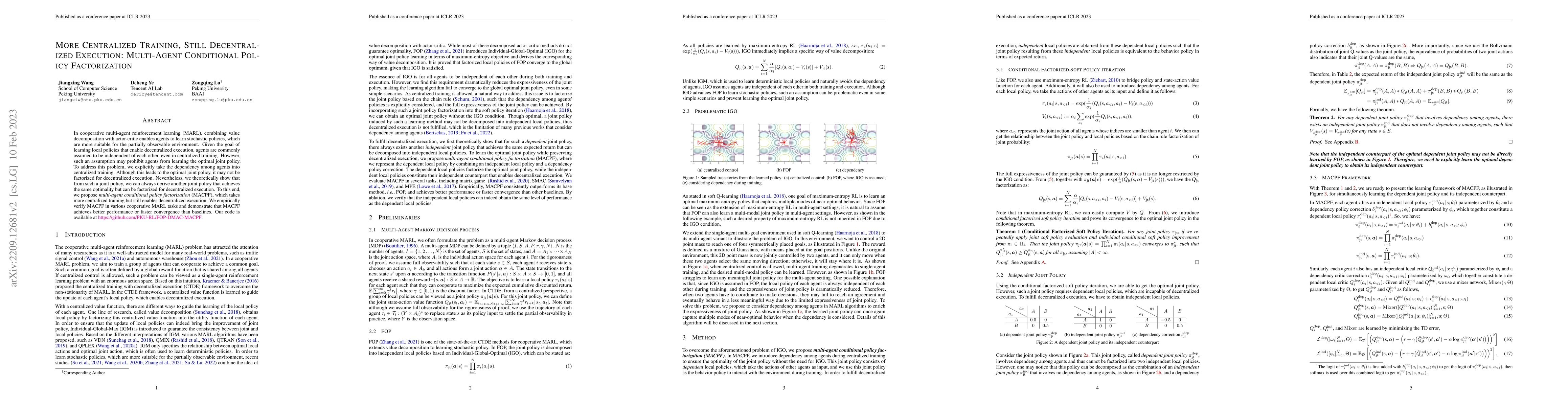 Thumbnail for More Centralized Training, Still Decentralized Execution: Multi-Agent
  Conditional Policy Factorization