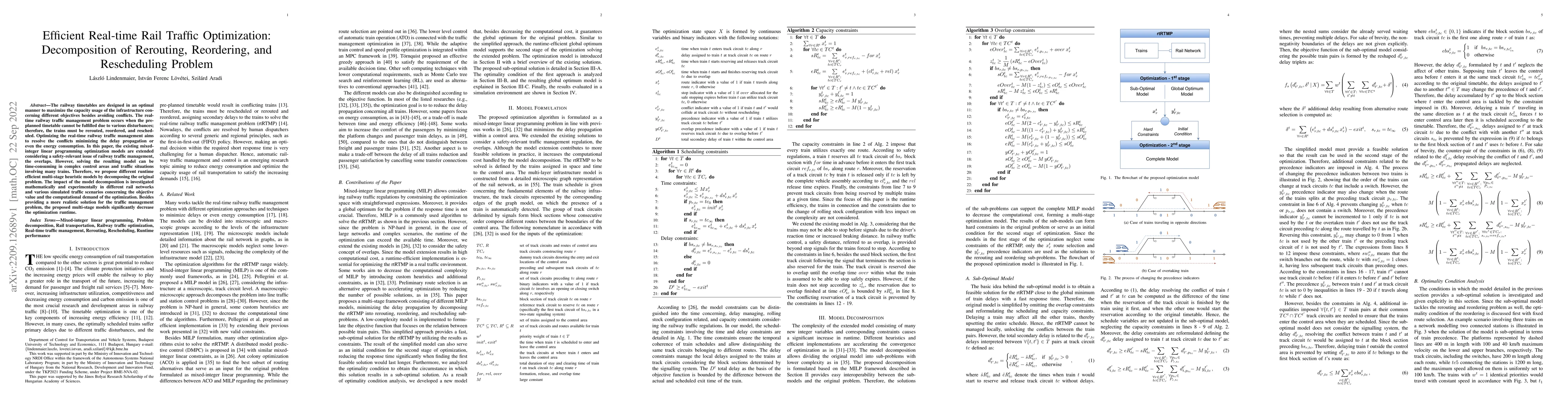 Thumbnail for Efficient Real-time Rail Traffic Optimization: Decomposition of
  Rerouting, Reordering, and Rescheduling Problem