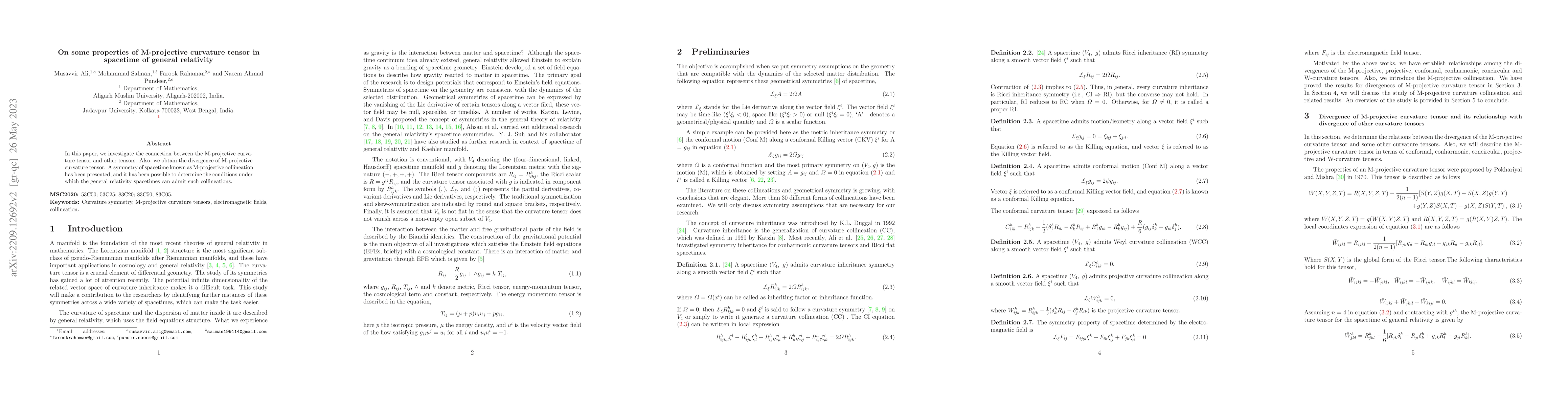 Thumbnail for On some properties of M-projective curvature tensor in spacetime of
  general relativity