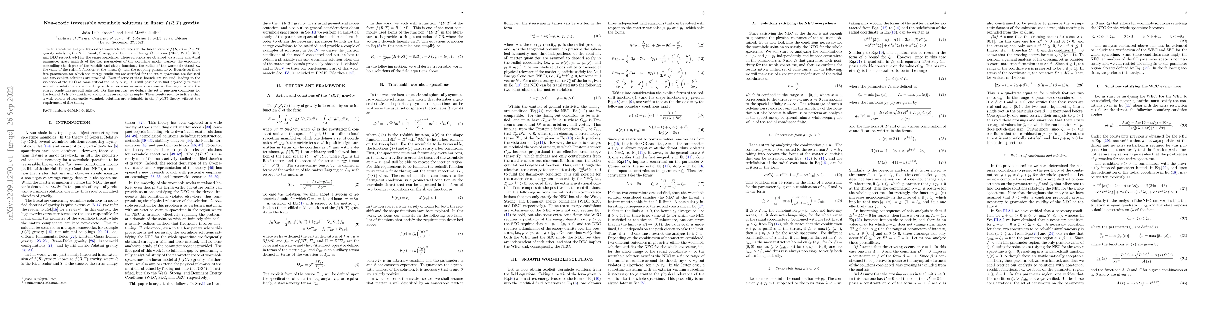 Thumbnail for Non-exotic traversable wormhole solutions in linear $f\left(R,T\right)$
  gravity