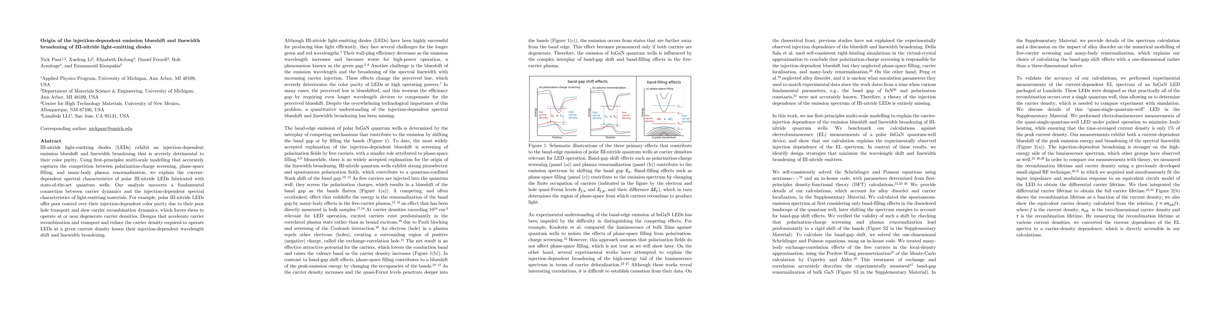 Thumbnail for Origin of the injection-dependent emission blueshift and linewidth
  broadening of III-nitride light-emitting diodes