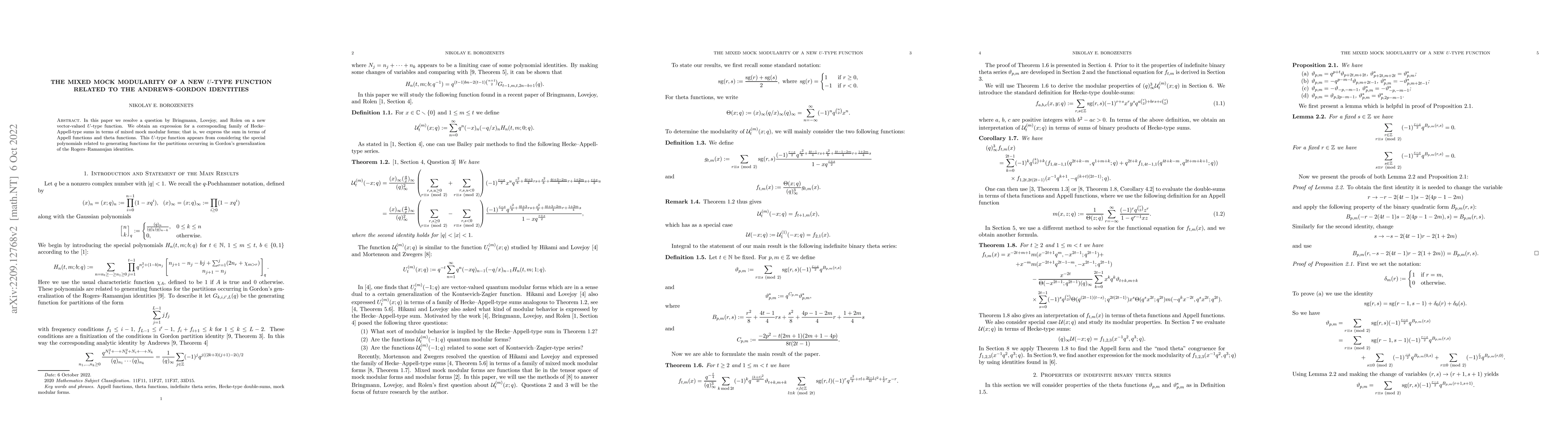 Thumbnail for The mixed mock modularity of a new $U$-type function related to the
  Andrews-Gordon identities