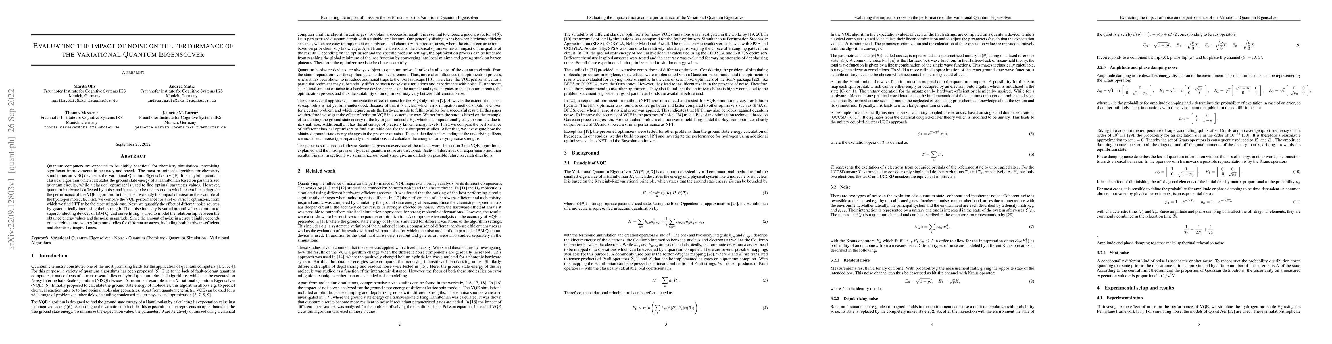 Thumbnail for Evaluating the impact of noise on the performance of the Variational
  Quantum Eigensolver