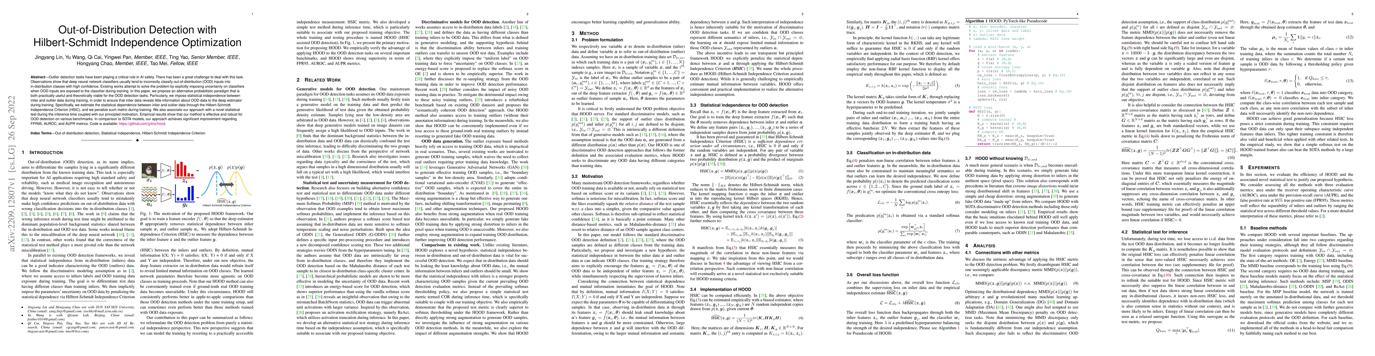 Thumbnail for Out-of-Distribution Detection with Hilbert-Schmidt Independence
  Optimization