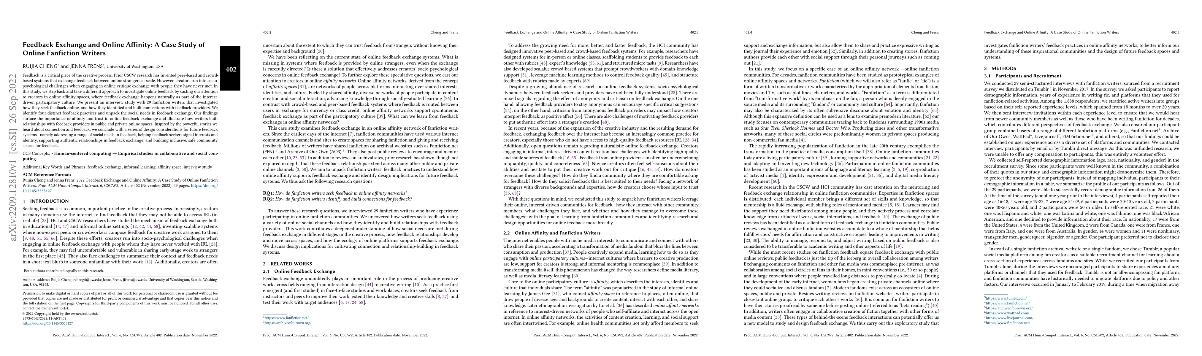 Thumbnail for Feedback Exchange and Online Affinity: A Case Study of Online Fanfiction
  Writers