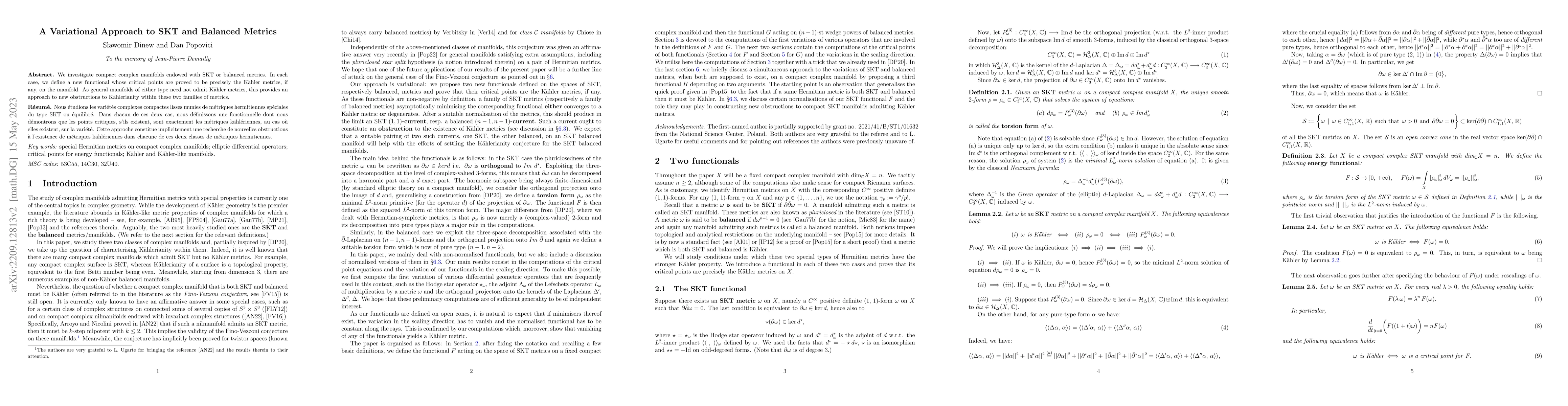 Thumbnail for A Variational Approach to SKT and Balanced Metrics