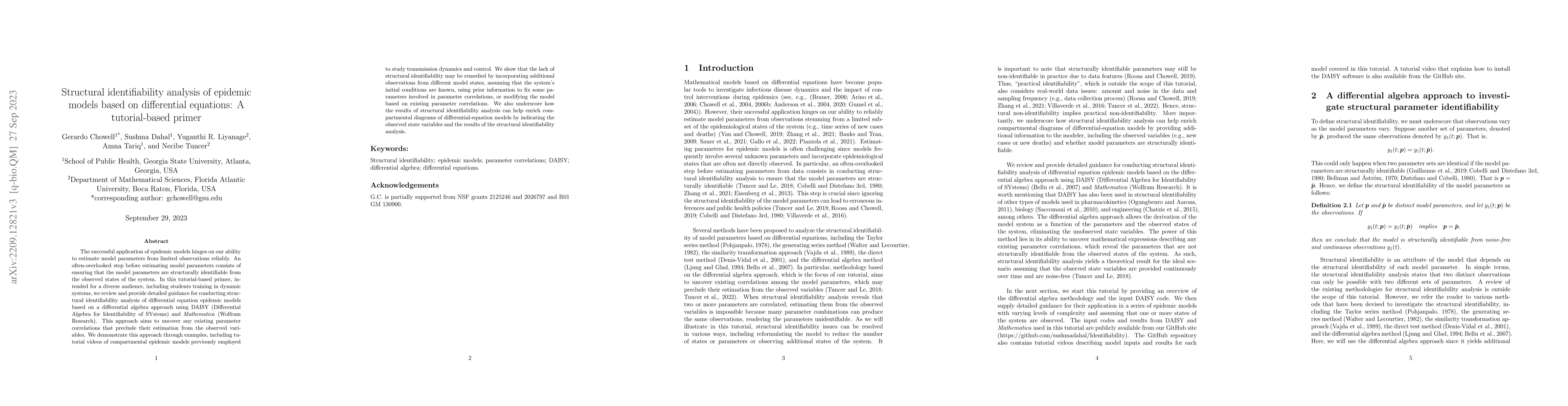 Thumbnail for Structural identifiability analysis of epidemic models based on
  differential equations: A tutorial-based primer