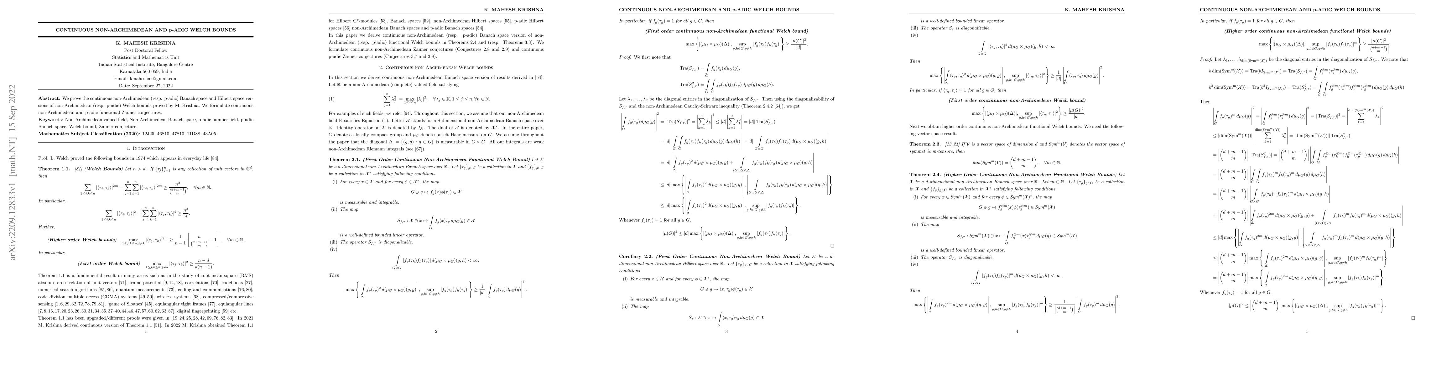Thumbnail for Continuous Non-Archimedean and p-adic Welch Bounds