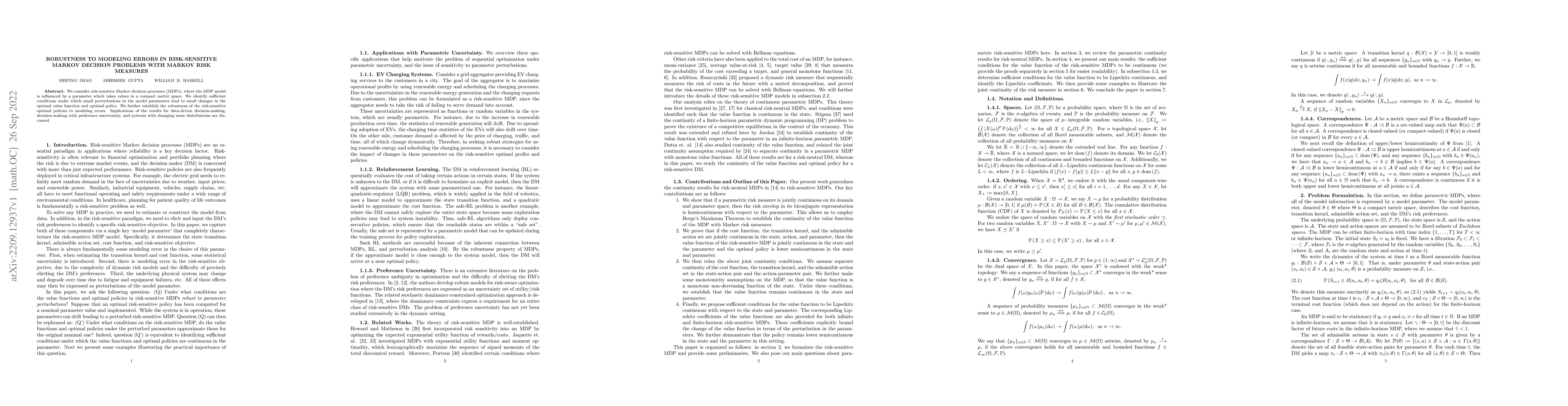 Thumbnail for Robustness to Modeling Errors in Risk-Sensitive Markov Decision Problems
  with Markov Risk Measures