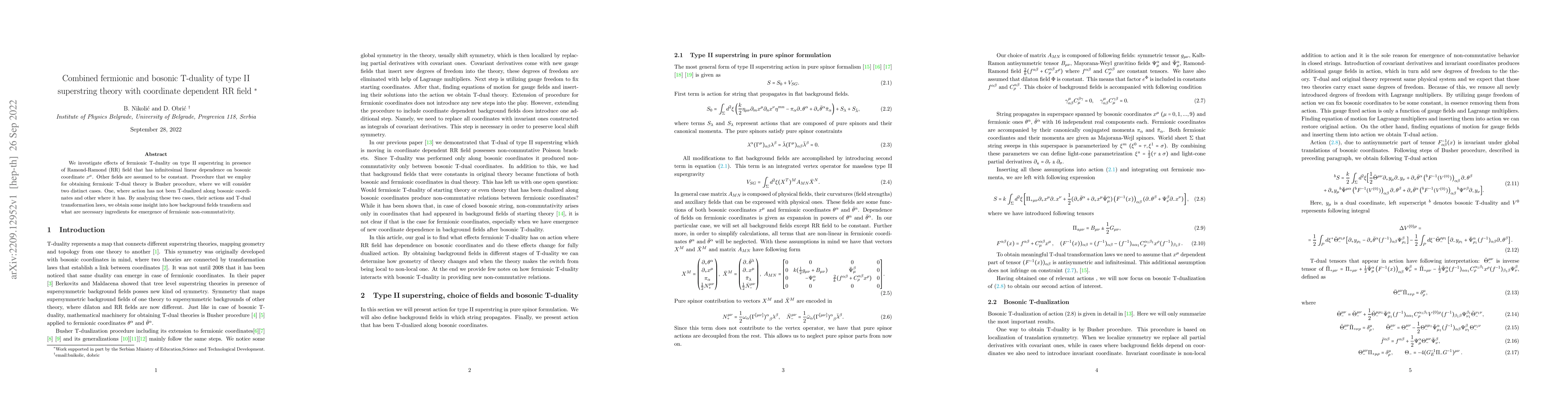 Thumbnail for Combined fermionic and bosonic T-duality of type II superstring theory
  with coordinate dependent RR field
