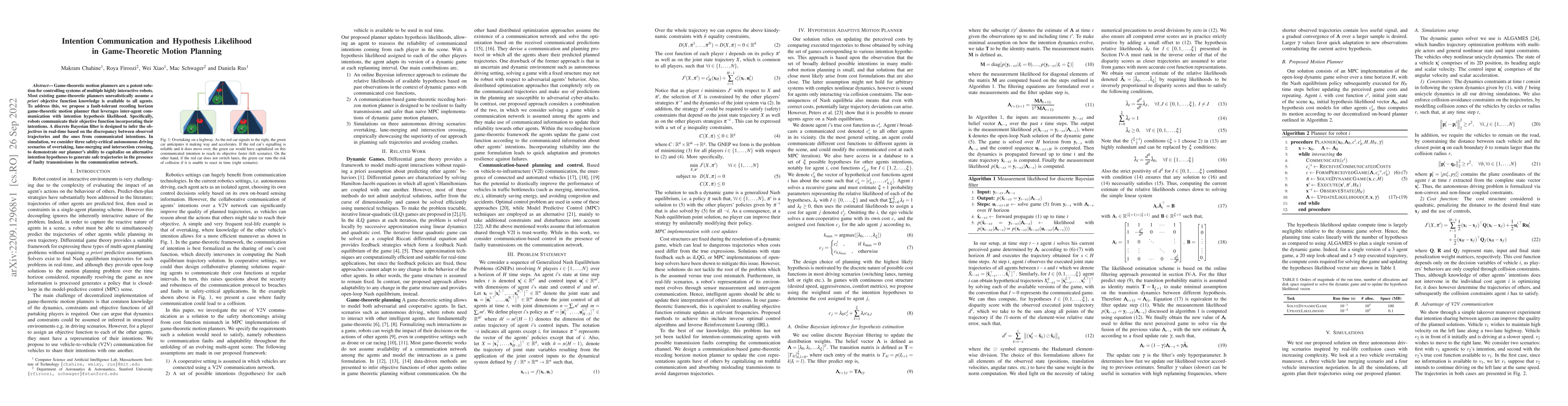 Thumbnail for Intention Communication and Hypothesis Likelihood in Game-Theoretic
  Motion Planning
