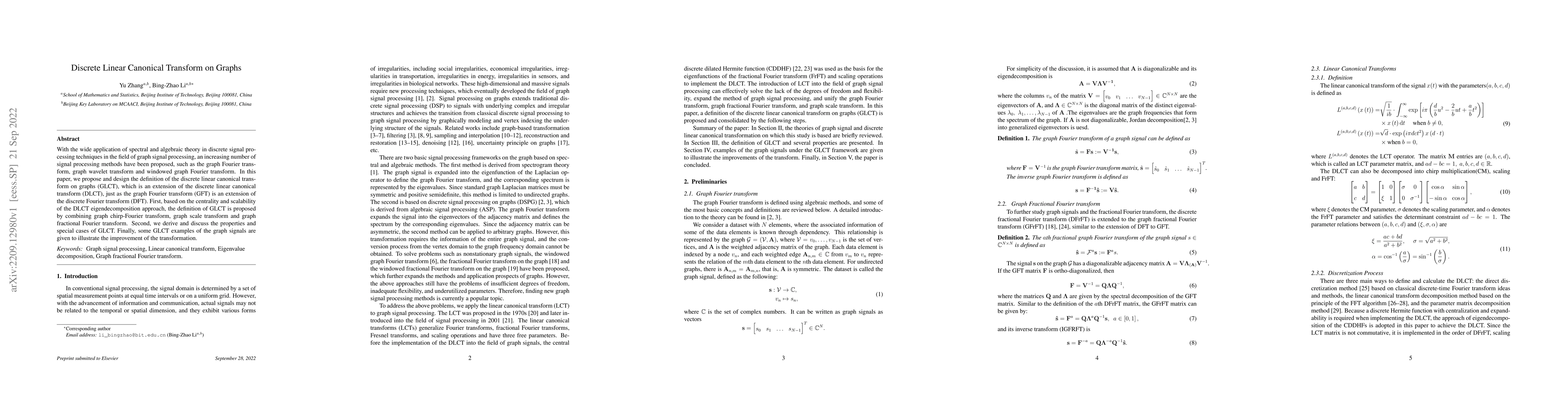 Thumbnail for Discrete Linear Canonical Transform on Graphs