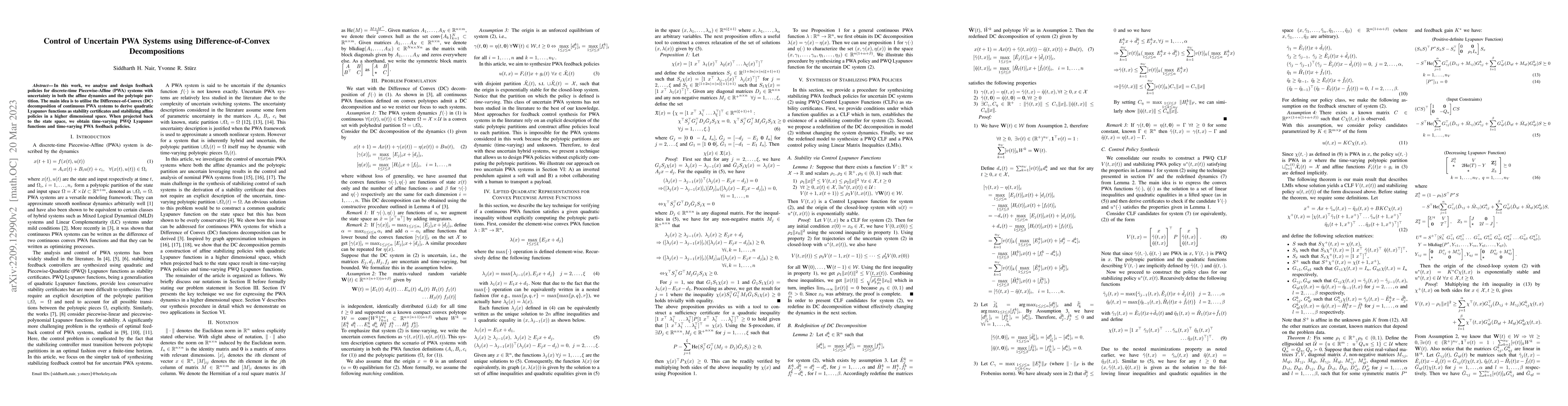 Thumbnail for Control of Uncertain PWA Systems using Difference-of-Convex
  Decompositions