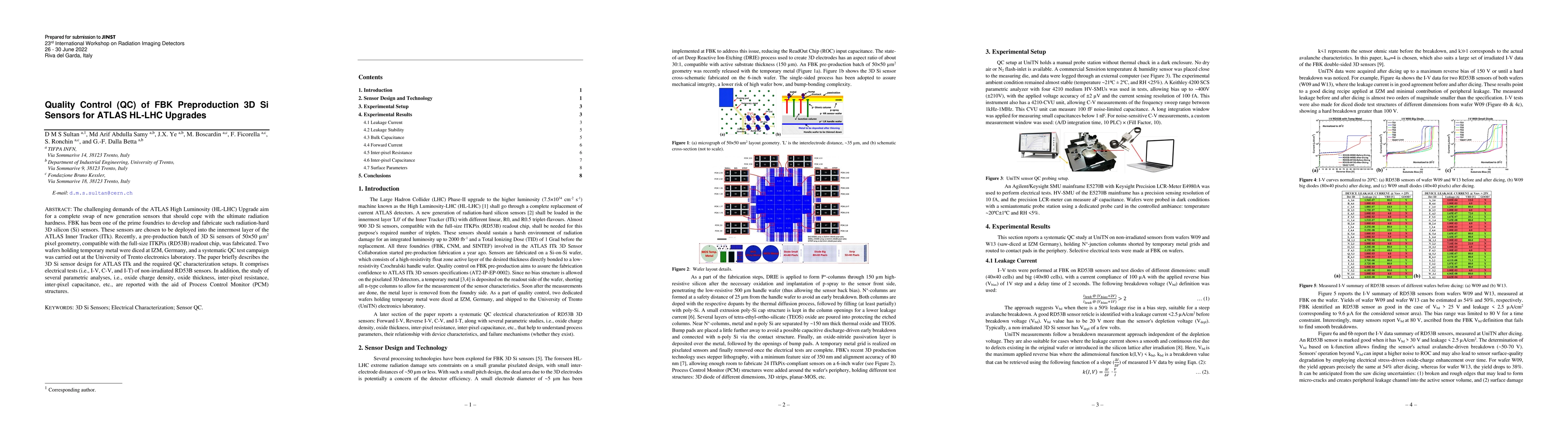 Thumbnail for Quality Control (QC) of FBK Preproduction 3D Si Sensors for ATLAS HL-LHC
  Upgrades