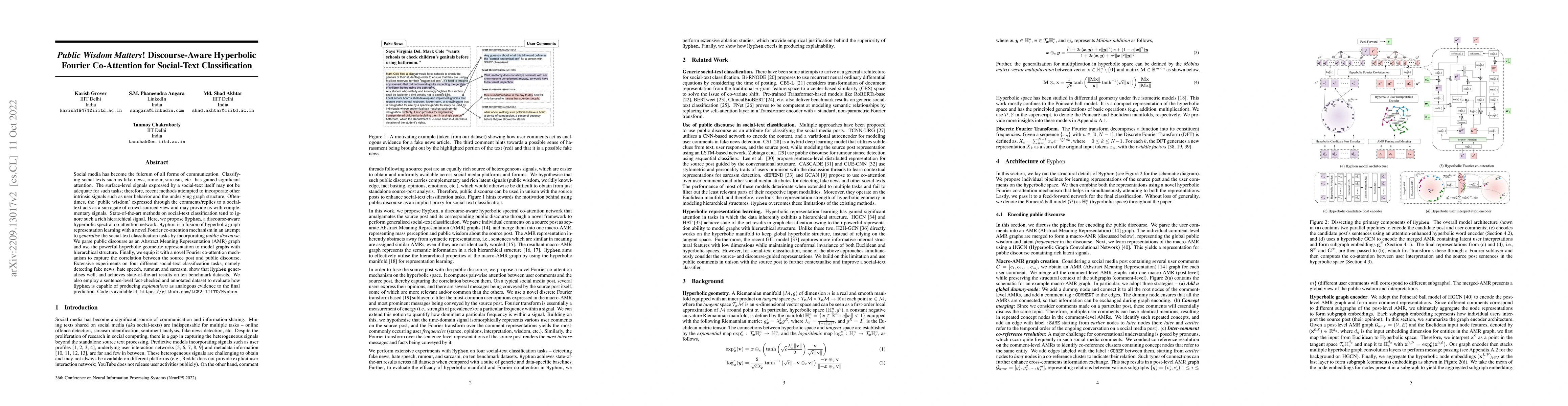 Thumbnail for Public Wisdom Matters! Discourse-Aware Hyperbolic Fourier Co-Attention
  for Social-Text Classification