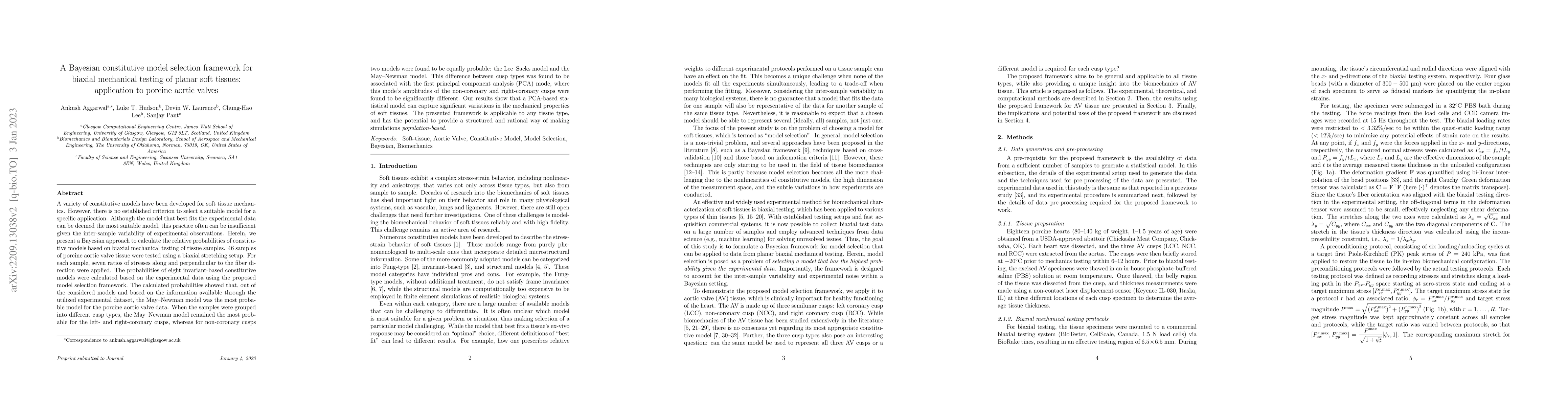 Thumbnail for A Bayesian constitutive model selection framework for biaxial mechanical
  testing of planar soft tissues: application to porcine aortic valves
