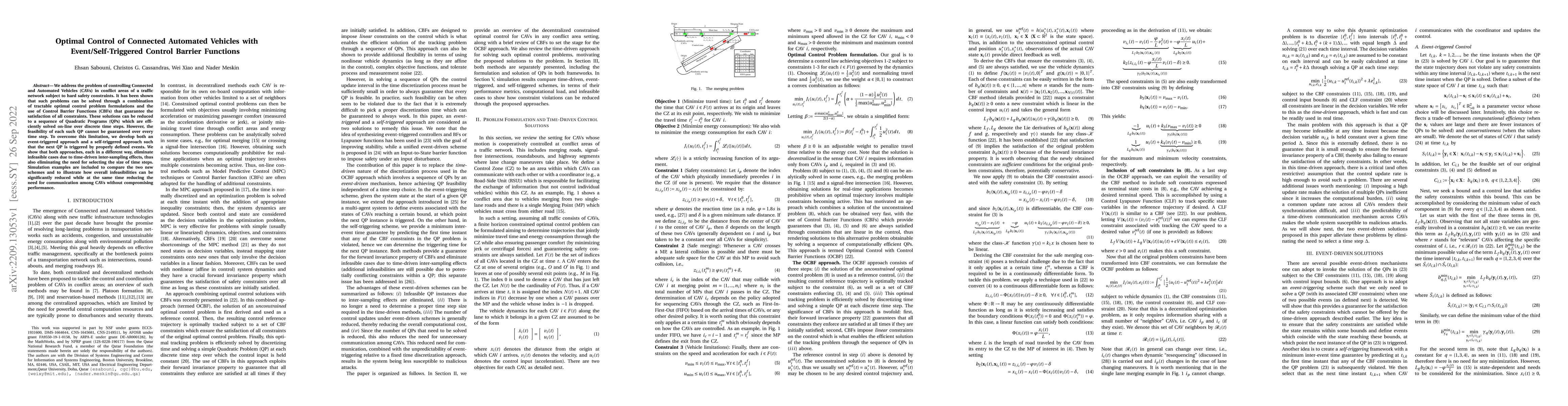 Thumbnail for Optimal Control of Connected Automated Vehicles with
  Event/Self-Triggered Control Barrier Functions