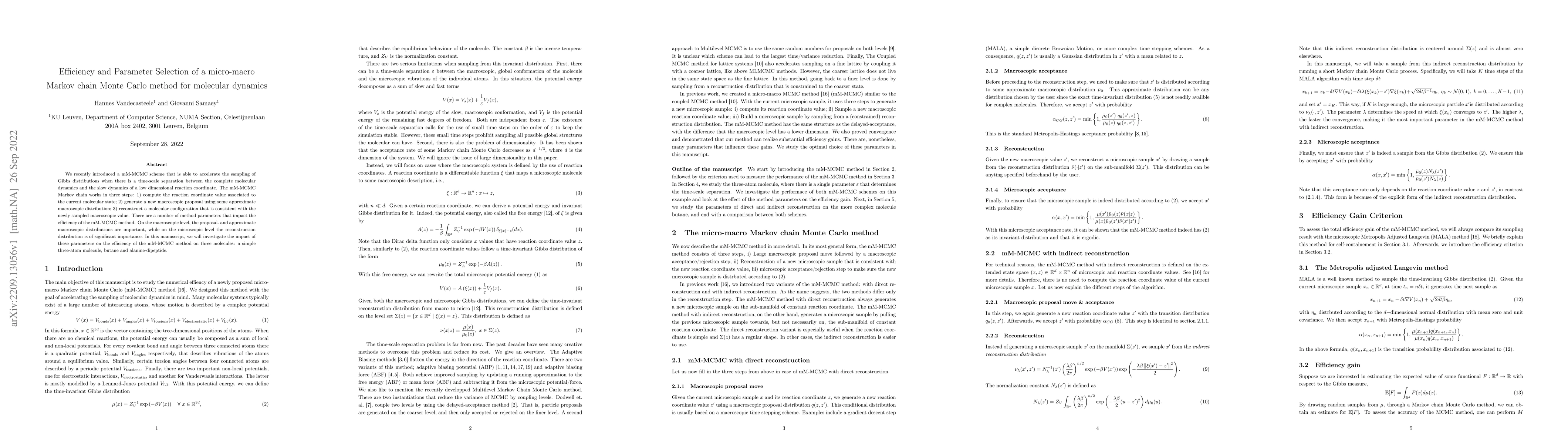 Thumbnail for Efficiency and Parameter Selection of a micro-macro Markov chain Monte
  Carlo method for molecular dynamics