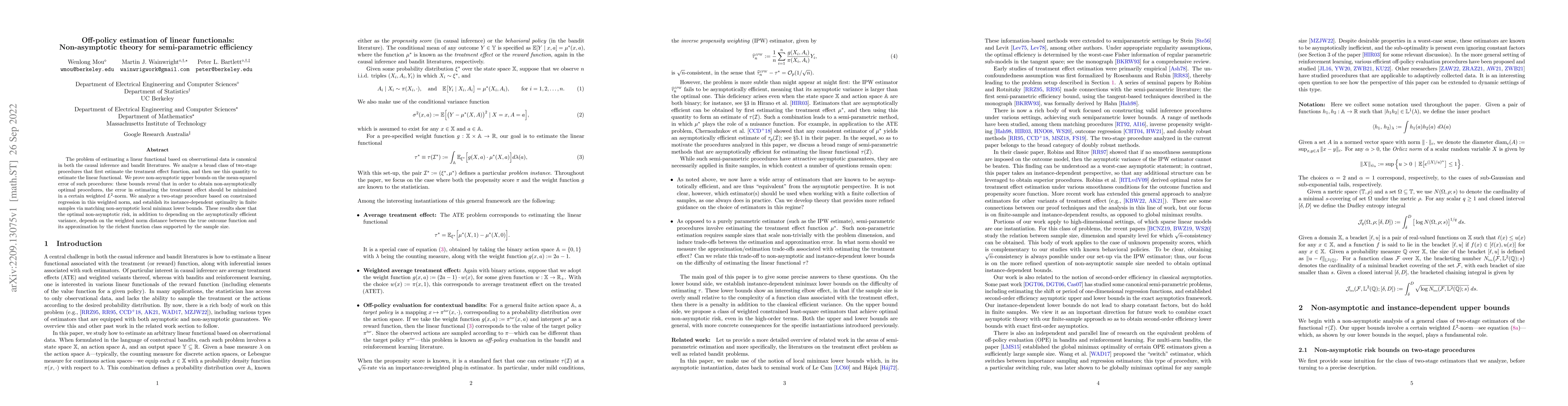 Thumbnail for Off-policy estimation of linear functionals: Non-asymptotic theory for
  semi-parametric efficiency